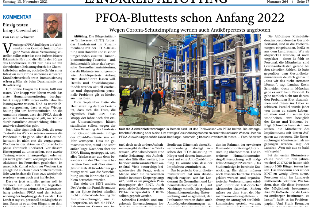 Jetzt doch: PFOA-Bluttests Anfang 2022